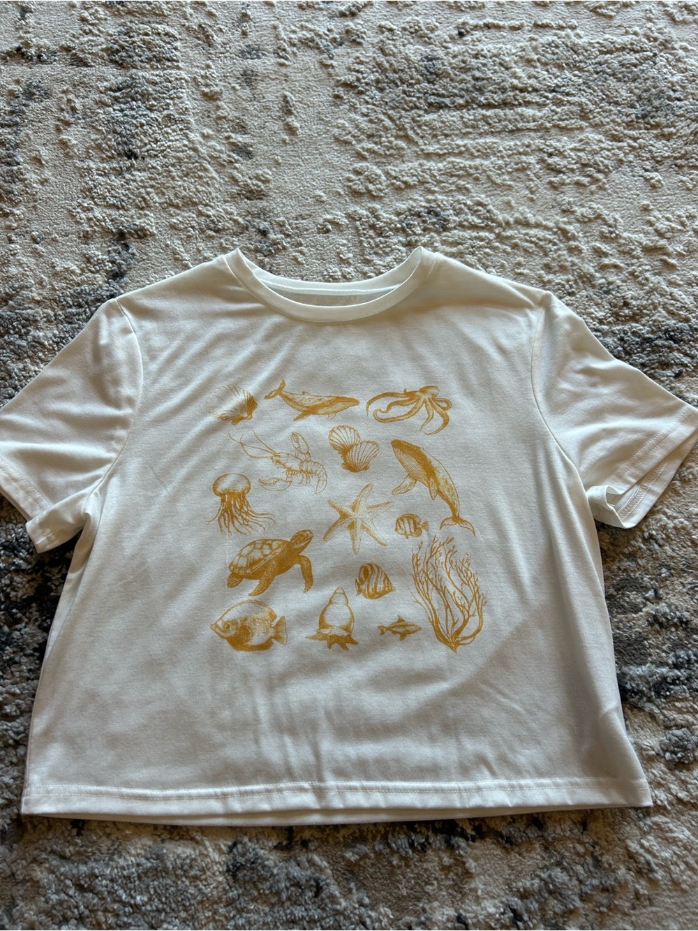 Womens White Tee with Gold Ocean Creature Print